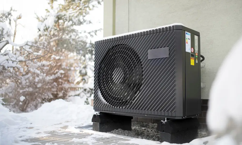 雪に囲まれた家の外にある黒いヒートポンプユニット。